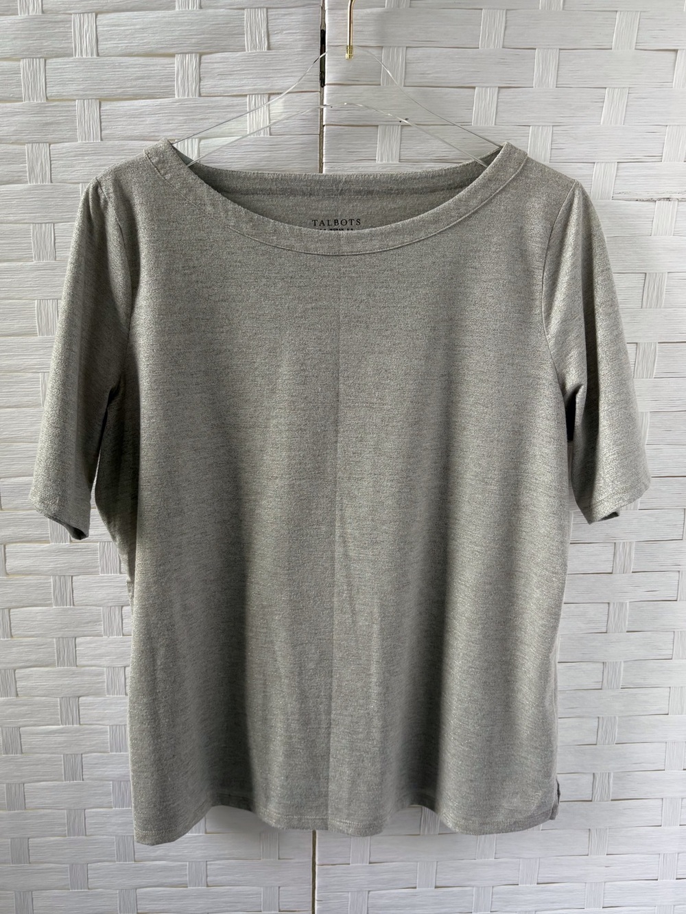 Talbots 1X Silver Metallic Crew Neck Short Sleeve Top Cruise Elegant Stretch